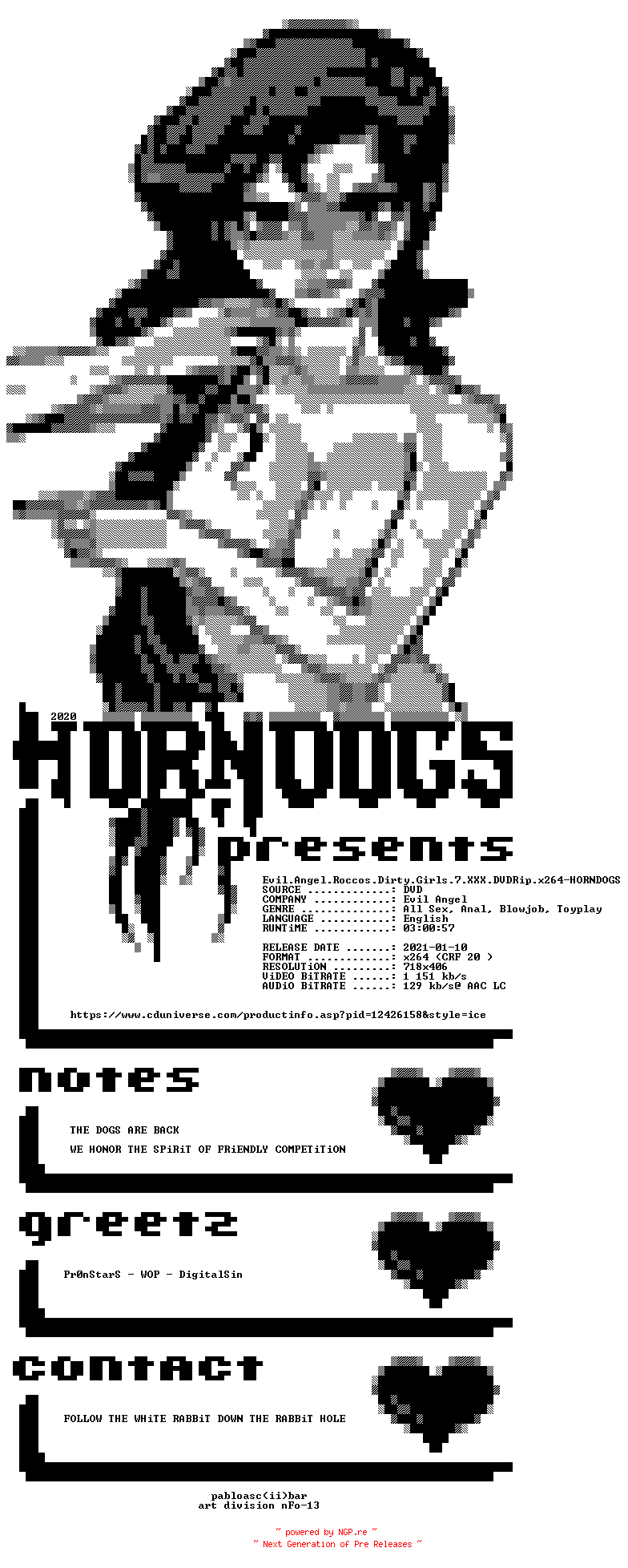 NFO for the release Evil.Angel.Roccos.Dirty.Girls.7.XXX.DVDRip.x264-HORNDOGS by HORNDOGS