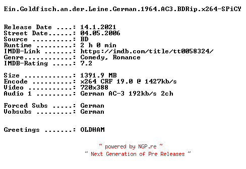 NFO for the release Ein.Goldfisch.an.der.Leine.German.1964.AC3.BDRip.x264-SPiCY by SPiCY