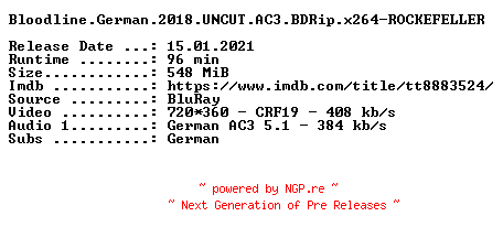 NFO for the release Bloodline.German.2018.UNCUT.AC3.BDRip.x264-ROCKEFELLER by ROCKEFELLER