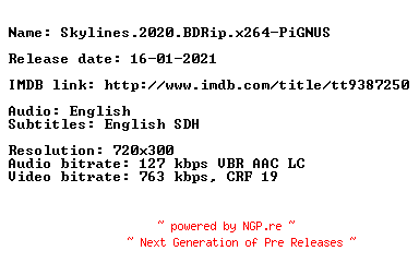 NFO for the release Skylines.2020.BDRip.x264-PiGNUS by PiGNUS