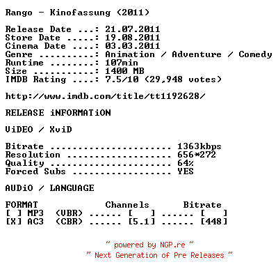 NFO for the release Rango.German.2011.AC3.BDRip.XviD-Rango by Rango