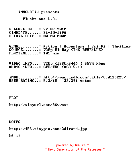 NFO for the release John.Carpenters.Flucht.aus.L.A.1996.German.AC3D.DL.720p.BluRay.x264-iNNOVATiV by iNNOVATiV