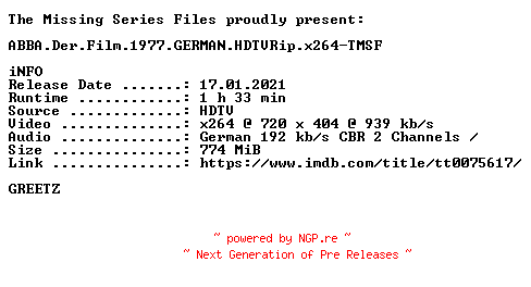 NFO for the release ABBA.Der.Film.1977.GERMAN.HDTVRip.x264-TMSF by TMSF