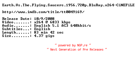 NFO for the release Earth.Vs.The.Flying.Saucers.1956.720p.BluRay.x264-CiNEFiLE by CiNEFiLE