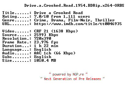 NFO for the release Drive.a.Crooked.Road.1954.BDRip.x264-ORBS by ORBS