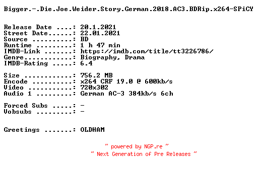 NFO for the release Bigger.-.Die.Joe.Weider.Story.German.2018.AC3.BDRip.x264-SPiCY by SPiCY