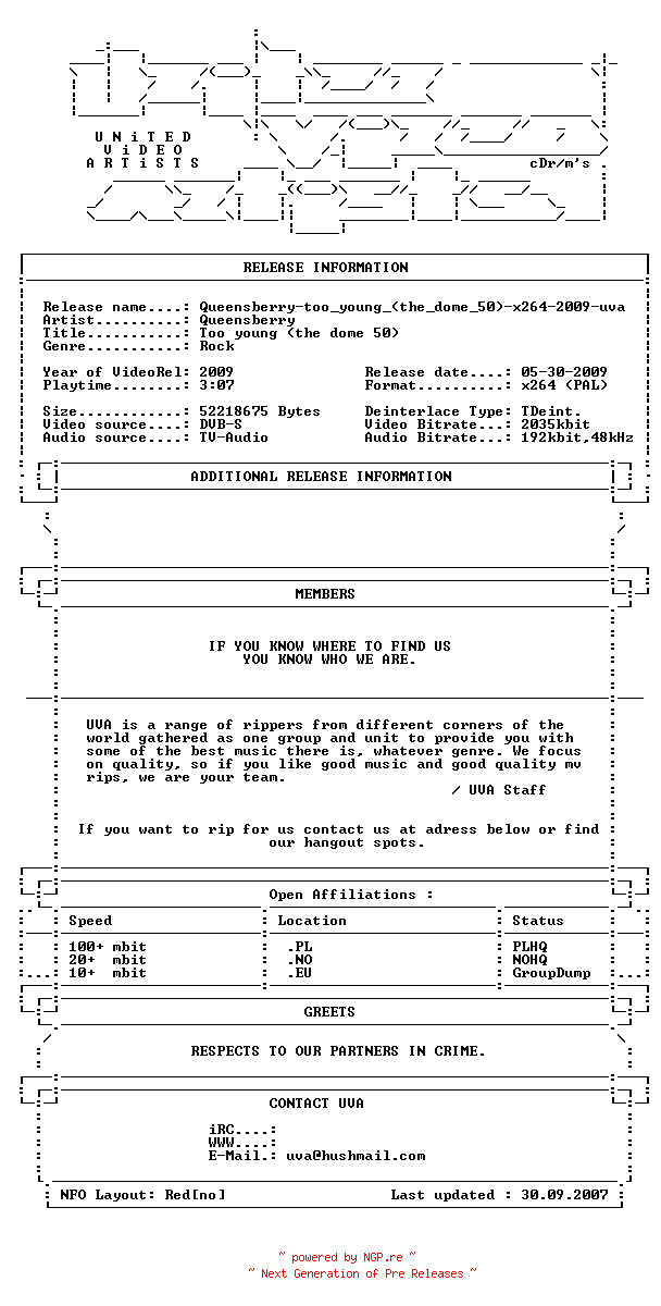 NFO for the release Queensberry-too_young_(the_dome_50)-x264-2009-uva by uva