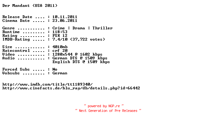NFO for the release Der.Mandant.German.DL.720p.BluRay.x264-EXQUiSiTE by EXQUiSiTE