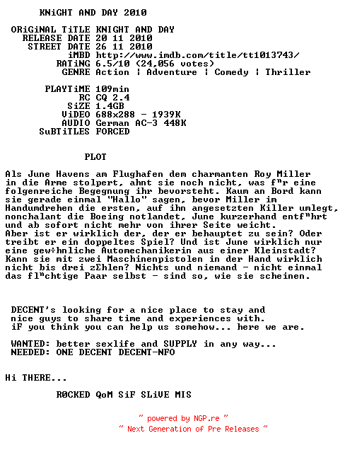 NFO for the release Knight.and.Day.German.AC3.BDRip.XviD-DECENT by DECENT