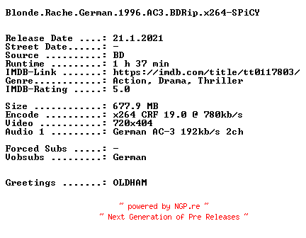 NFO for the release Blonde.Rache.German.1996.AC3.BDRip.x264-SPiCY by SPiCY