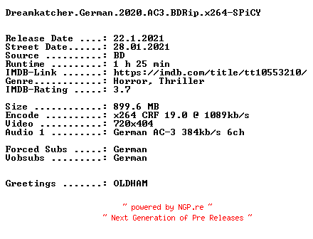 NFO for the release Dreamkatcher.German.2020.AC3.BDRip.x264-SPiCY by SPiCY