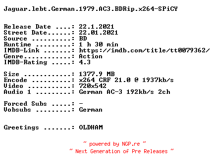 NFO for the release Jaguar.lebt.German.1979.AC3.BDRip.x264-SPiCY by SPiCY