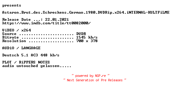 NFO for the release Astaron.Brut.des.Schreckens.German.1980.DVDRip.x264.iNTERNAL-KULTFiLME by KULTFiLME