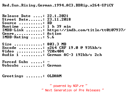 NFO for the release Red.Sun.Rising.German.1994.AC3.BDRip.x264-SPiCY by SPiCY