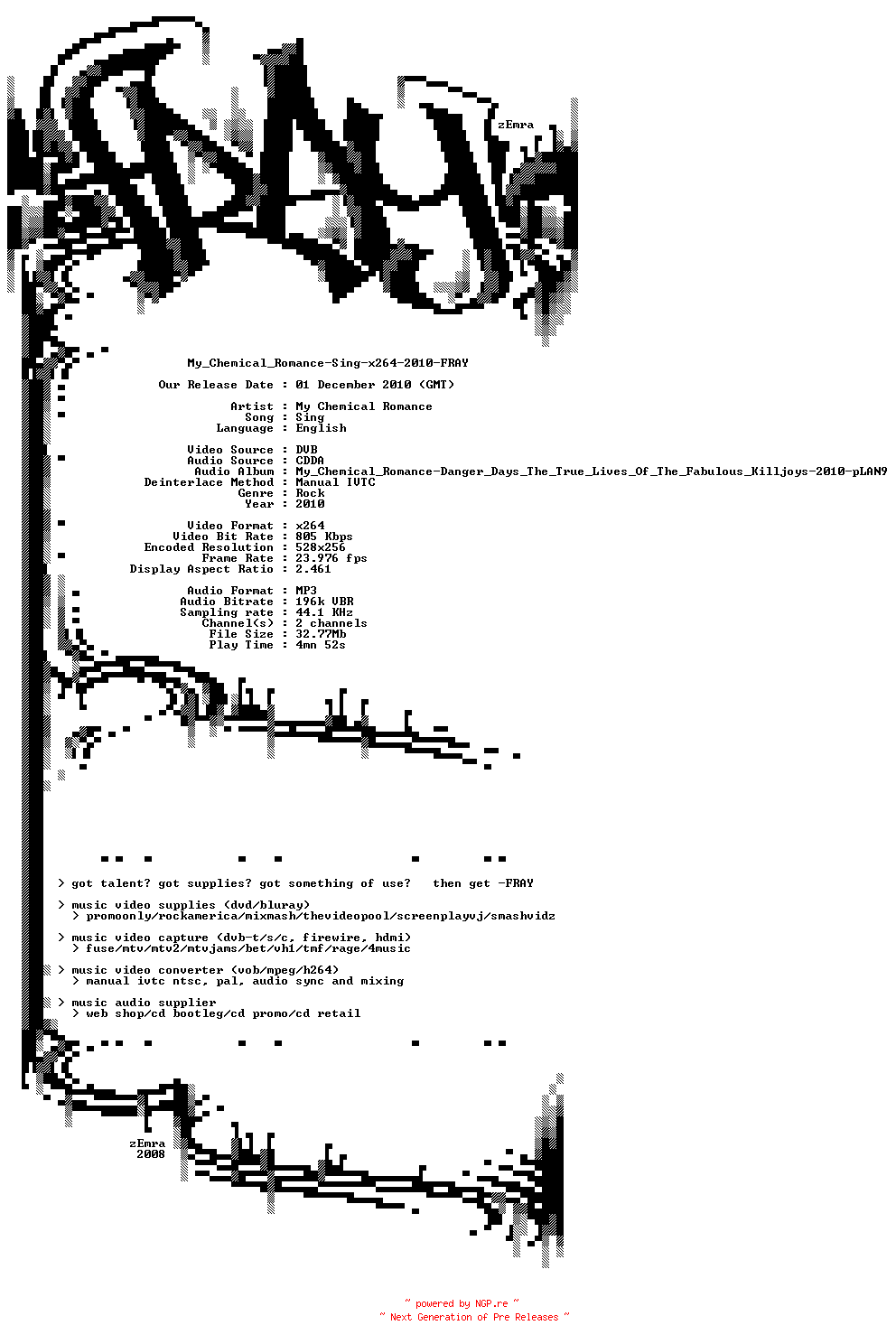 NFO for the release My_Chemical_Romance-Sing-x264-2010-FRAY by FRAY