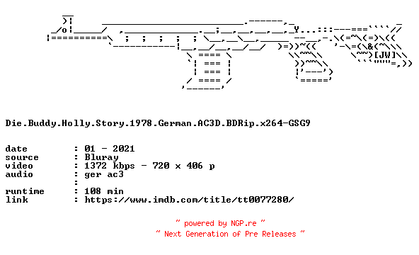 NFO for the release Die.Buddy.Holly.Story.1978.German.AC3D.BDRip.x264-GSG9 by GSG9