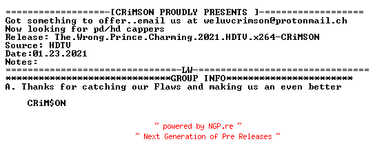 NFO for the release The.Wrong.Prince.Charming.2021.HDTV.x264-CRiMSON by CRiMSON