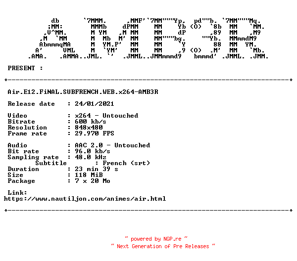 NFO for the release Air.E12.FiNAL.SUBFRENCH.WEB.x264-AMB3R by AMB3R