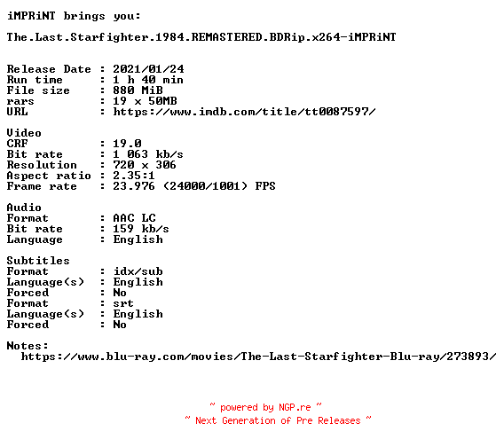 NFO for the release The.Last.Starfighter.1984.REMASTERED.BDRip.x264-iMPRiNT by iMPRiNT