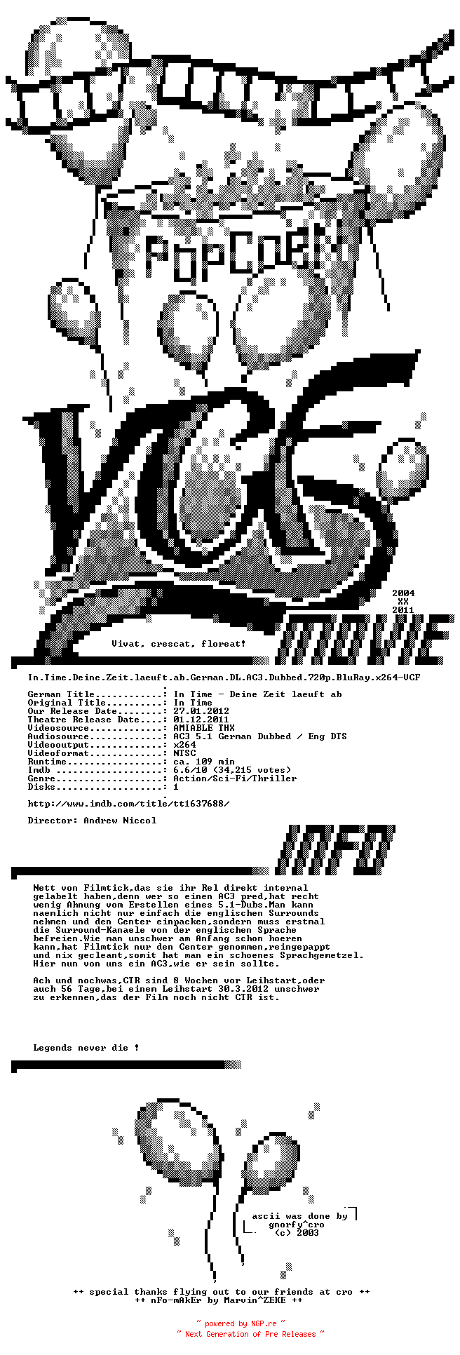 NFO for the release In.Time.Deine.Zeit.laeuft.ab.German.DL.AC3.Dubbed.720p.BluRay.x264-VCF by VCF
