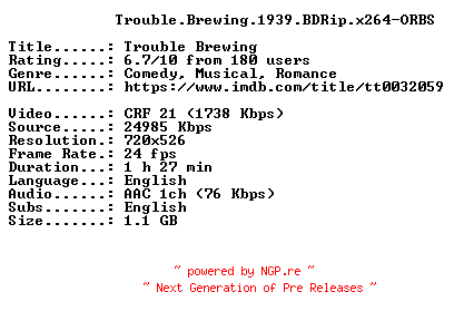 NFO for the release Trouble.Brewing.1939.BDRip.x264-ORBS by ORBS