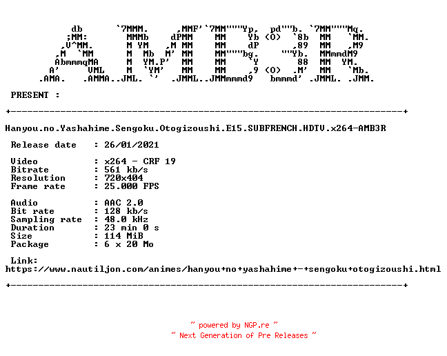 NFO for the release Hanyou.no.Yashahime.Sengoku.Otogizoushi.E15.SUBFRENCH.HDTV.x264-AMB3R by AMB3R