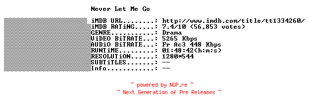 NFO for the release Never.Let.Me.Go.2010.FRENCH.720p.BluRay.x264-THENiGHTMAREiNHD by THENiGHTMAREiNHD