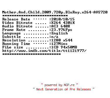 NFO for the release Mother.And.Child.2009.720p.BluRay.x264-AVS720 by AVS720