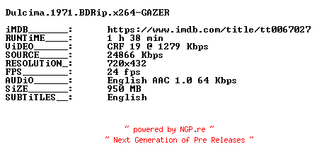 NFO for the release Dulcima.1971.BDRip.x264-GAZER by GAZER