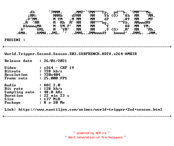 NFO for the release World.Trigger.Second.Season.E03.SUBFRENCH.HDTV.x264-AMB3R by AMB3R