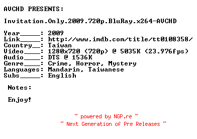 NFO for the release Invitation.Only.2009.720p.BluRay.x264-AVCHD by AVCHD