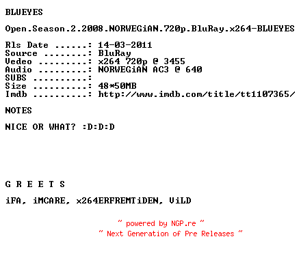 NFO for the release Open.Season.2.2008.NORWEGiAN.720p.BluRay.x264-BLUEYES by BLUEYES