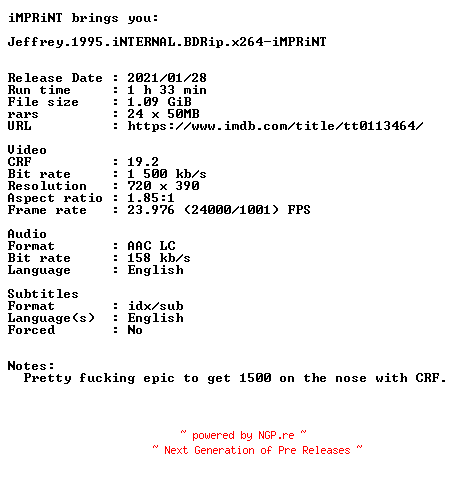 NFO for the release Jeffrey.1995.iNTERNAL.BDRip.x264-iMPRiNT by iMPRiNT