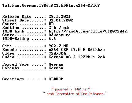 NFO for the release Tai.Pan.German.1986.AC3.BDRip.x264-SPiCY by SPiCY