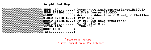 NFO for the release Knight.And.Day.FRENCH.720p.BluRay.x264-THENiGHTMAREiNHD by THENiGHTMAREiNHD