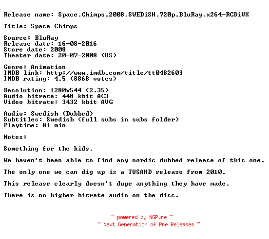 NFO for the release Space.Chimps.2008.SWEDiSH.720p.BluRay.x264-RCDiVX by RCDiVX