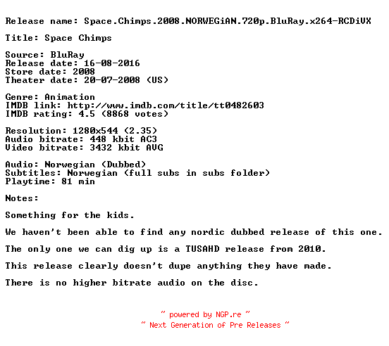 NFO for the release Space.Chimps.2008.NORWEGiAN.720p.BluRay.x264-RCDiVX by RCDiVX