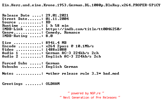 NFO for the release Ein.Herz.und.eine.Krone.1953.German.DL.1080p.BluRay.x264.PROPER-SPiCY by SPiCY