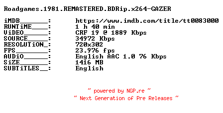 NFO for the release Roadgames.1981.REMASTERED.BDRip.x264-GAZER by GAZER