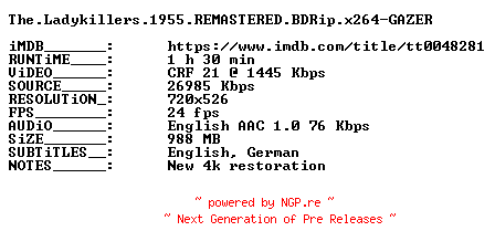 NFO for the release The.Ladykillers.1955.REMASTERED.BDRip.x264-GAZER by GAZER