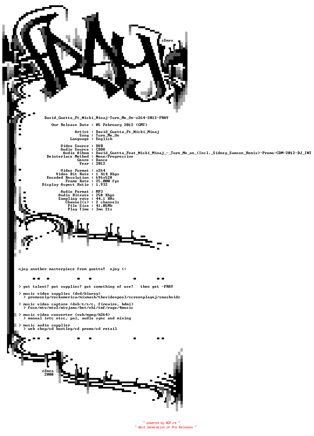 NFO for the release David_Guetta_Ft_Nicki_Minaj-Turn_Me_On-x264-2012-FRAY by FRAY