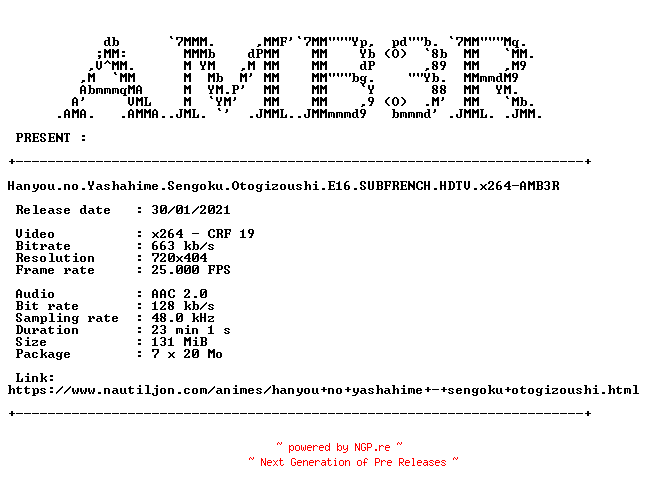 NFO for the release Hanyou.no.Yashahime.Sengoku.Otogizoushi.E16.SUBFRENCH.HDTV.x264-AMB3R by AMB3R