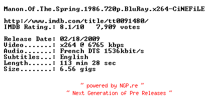 NFO for the release Manon.Of.The.Spring.1986.720p.BluRay.x264-CiNEFiLE by CiNEFiLE