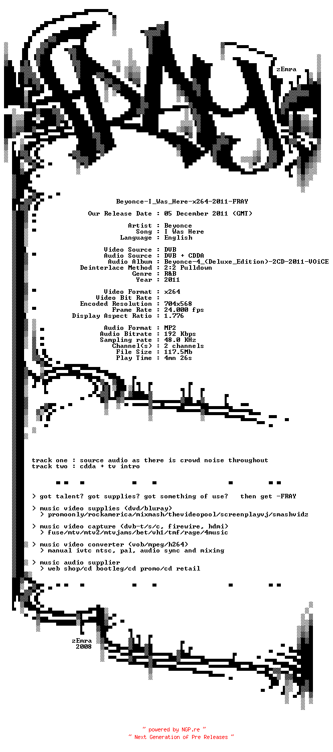 NFO for the release Beyonce-I_Was_Here-x264-2011-FRAY by FRAY