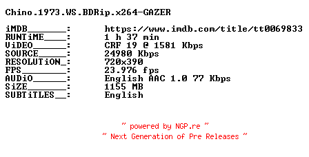NFO for the release Chino.1973.WS.BDRip.x264-GAZER by GAZER