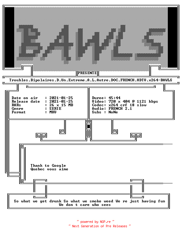 NFO for the release Troubles.Bipolaires.D.Un.Extreme.A.L.Autre.DOC.FRENCH.HDTV.x264-BAWLS by BAWLS