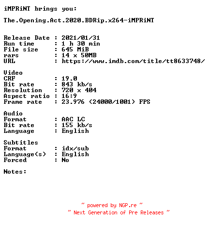 NFO for the release The.Opening.Act.2020.BDRip.x264-iMPRiNT by iMPRiNT