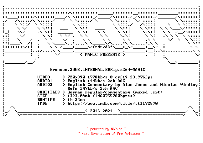 NFO for the release Bronson.2008.iNTERNAL.BDRip.x264-MANiC by MANiC