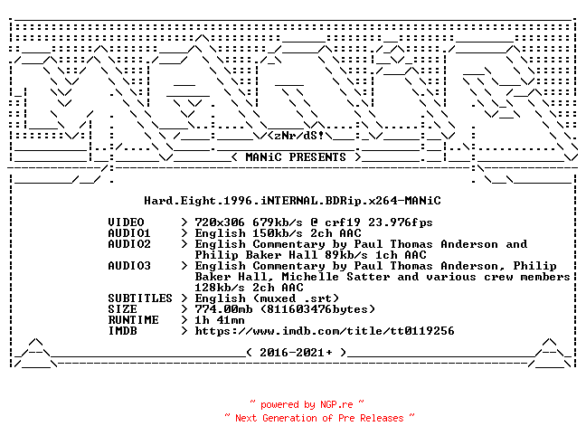 NFO for the release Hard.Eight.1996.iNTERNAL.BDRip.x264-MANiC by MANiC