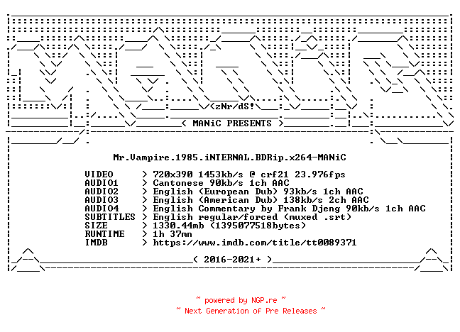 NFO for the release Mr.Vampire.1985.iNTERNAL.BDRip.x264-MANiC by MANiC
